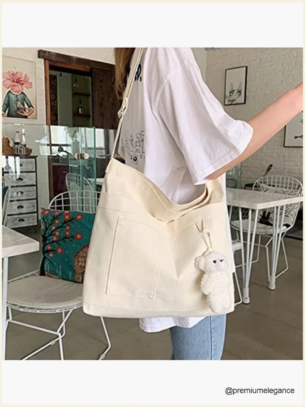 Large Cotton Canvas Hobo Tote Shoulder Crossbody Beach Bag with Pockets